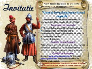 02.02.2018 Workshop (româna+istorie ) ”Cum să înveți mai ușor și mai repede” Moderatori Ivanov Valeri și Tatiana Alexandrova. Elevii claselor a VI-a – a IX-a au fost invățați cum să scrie un text argumentativ de nota 10 la istorie și la română.